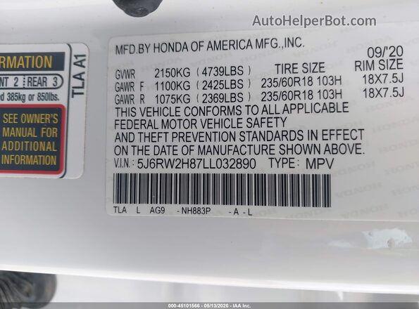 5J6RW2H87LL032890 2020 HONDA CR-V Белый Вид подкапотного пространства