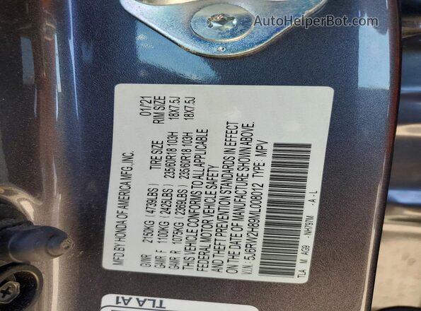 5J6RW2H89ML008012 2021 HONDA CR-V Gray VIN კოდის სტიკერის ხედი