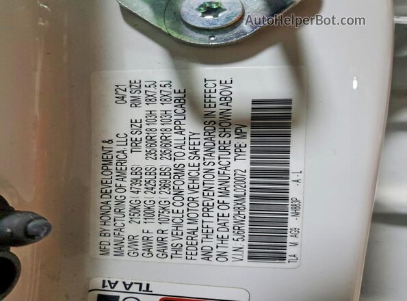 5J6RW2H8XML020072 2021 HONDA CR-V White Widok naklejki z numerem VIN