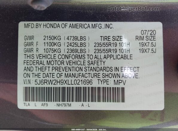 5J6RW2H9XLL021696 2020 HONDA CR-V Серый Вид подкапотного пространства