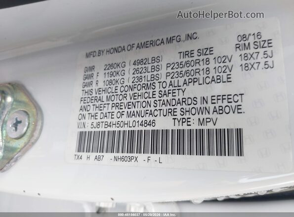 5J8TB4H50HL014846 2017 ACURA RDX White Vista del compartimento del motor