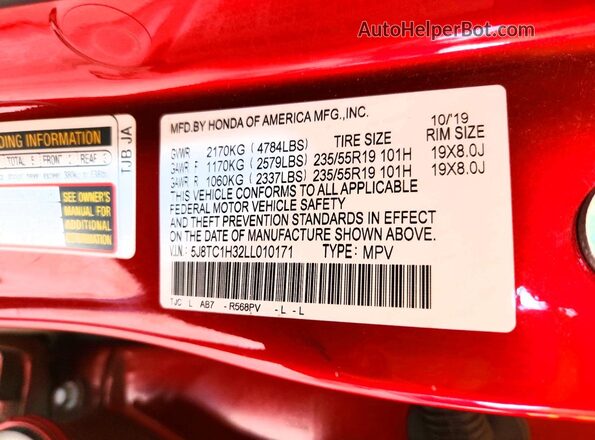 5J8TC1H32LL010171 2020 ACURA RDX Red Vista de la etiqueta del VIN