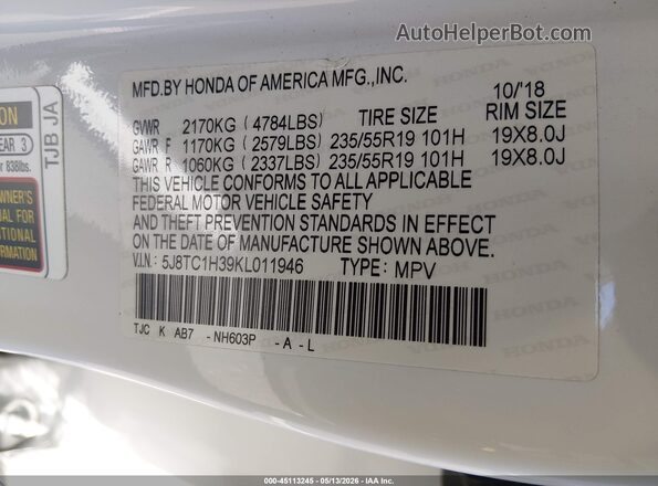 5J8TC1H39KL011946 2019 ACURA RDX White Widok komory silnika