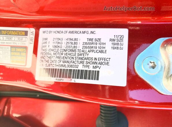 5J8TC1H58ML008332 2021 ACURA RDX Красный Вид наклейки с VIN-кодом
