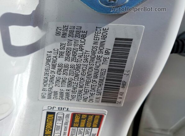 5J8TC1H6XML016523 2021 ACURA RDX White Widok naklejki z numerem VIN