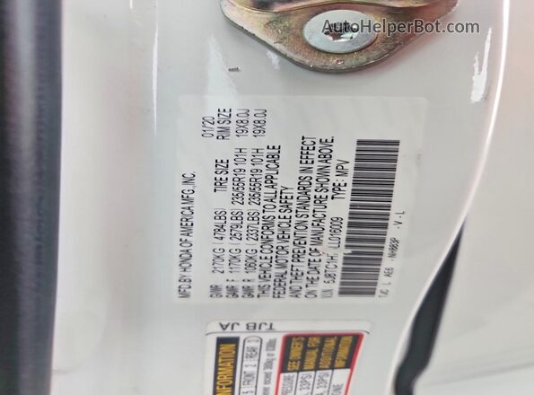 5J8TC1H78LL016009 2020 ACURA RDX Белый Вид наклейки с VIN-кодом
