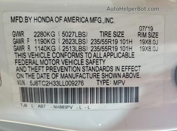 5J8TC2H33LL009276 2020 ACURA RDX White Vista de la etiqueta del VIN