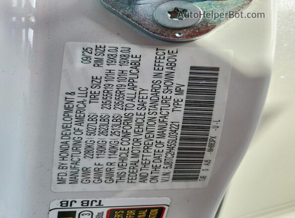 5J8TC2H45SL034221 2025 ACURA RDX White Vista de la etiqueta del VIN
