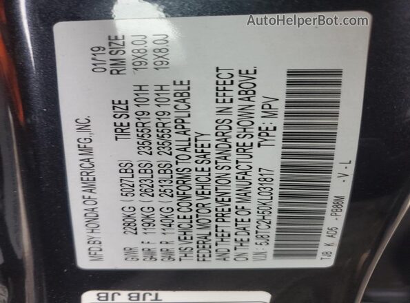 5J8TC2H50KL031817 2019 ACURA RDX Charcoal Vista de la etiqueta del VIN