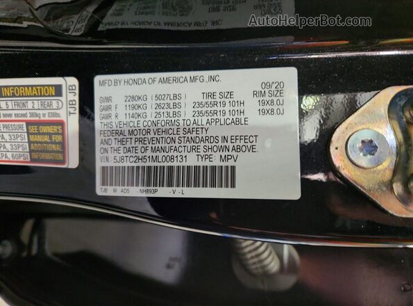 5J8TC2H51ML008131 2021 ACURA RDX Black Widok naklejki z numerem VIN