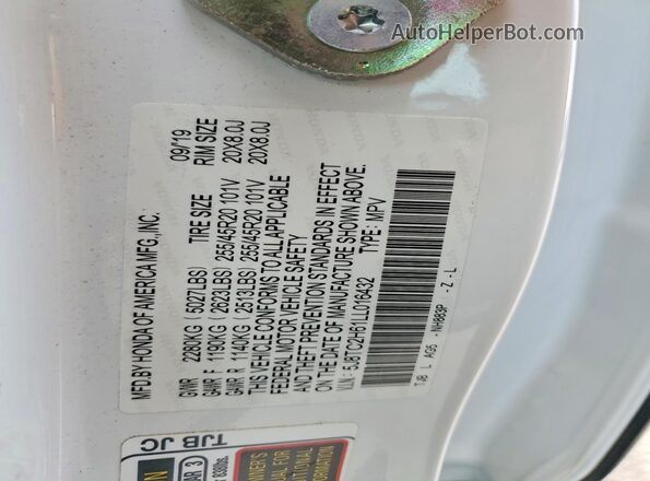 5J8TC2H61LL016432 2020 ACURA RDX White VIN კოდის სტიკერის ხედი