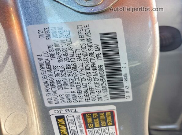 5J8TC2H65ML038936 2021 ACURA RDX Silver VIN კოდის სტიკერის ხედი