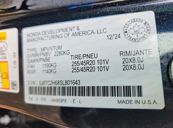 5J8TC2H68SL801643 2025 ACURA RDX Черный Вид наклейки с VIN-кодом