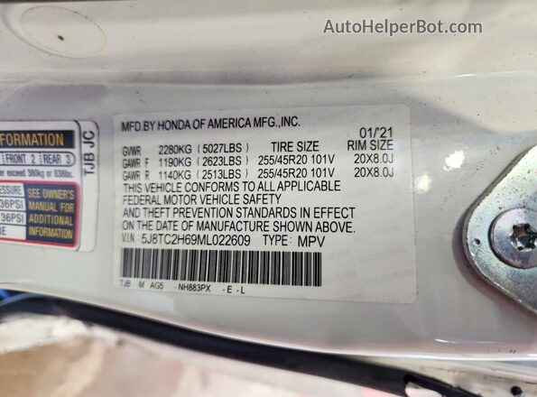 5J8TC2H69ML022609 2021 ACURA RDX Белый Вид наклейки с VIN-кодом