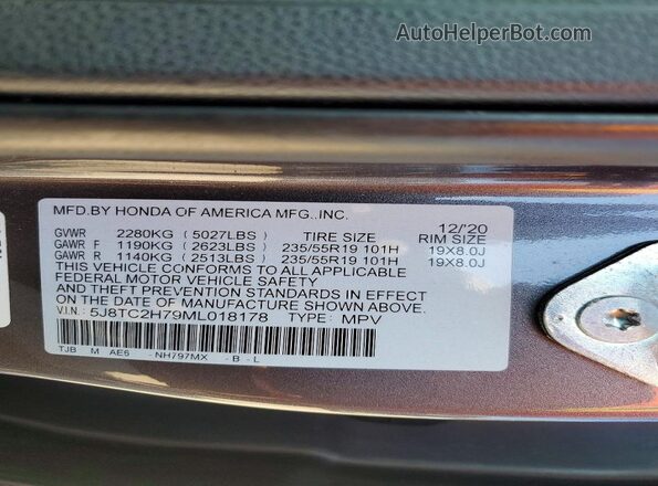 5J8TC2H79ML018178 2021 ACURA RDX Gray VIN sticker view