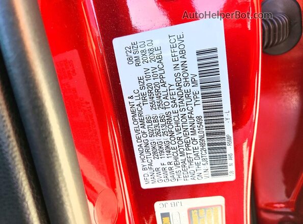 5J8TC2H89NL015498 2022 ACURA RDX Красный Вид наклейки с VIN-кодом