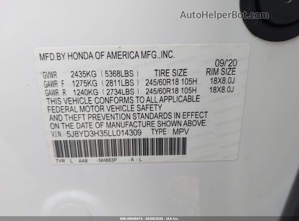 5J8YD3H35LL014309 2020 ACURA MDX Белый Вид подкапотного пространства