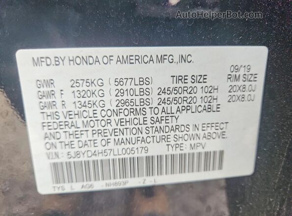 5J8YD4H57LL005179 2020 ACURA MDX Черный Вид наклейки с VIN-кодом