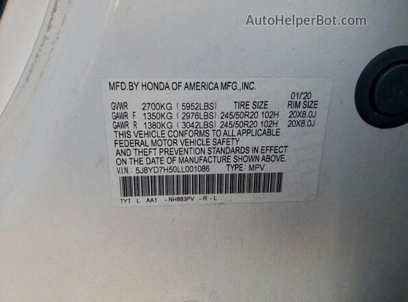 5J8YD7H50LL001086 2020 ACURA MDX Белый Вид наклейки с VIN-кодом