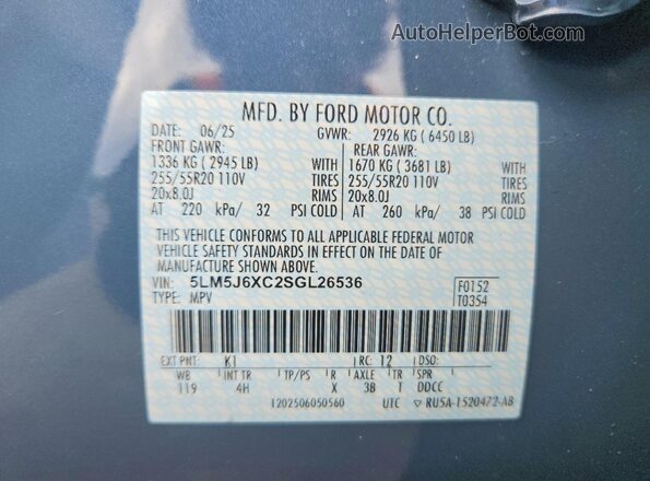 5LM5J6XC2SGL26536 2025 LINCOLN AVIATOR Синий Вид наклейки с VIN-кодом