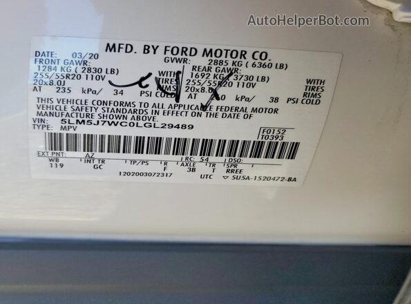 5LM5J7WC0LGL29489 2020 LINCOLN AVIATOR Белый Вид подкапотного пространства