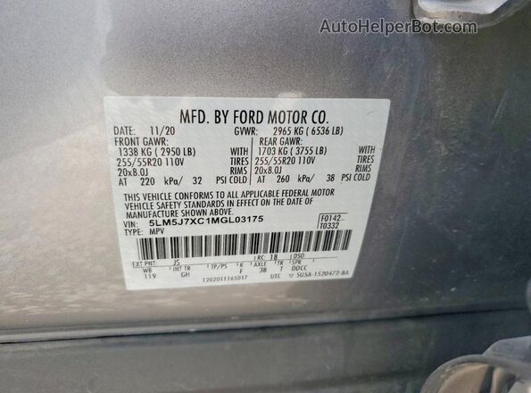 5LM5J7XC1MGL03175 2021 LINCOLN AVIATOR Silver VIN sticker view