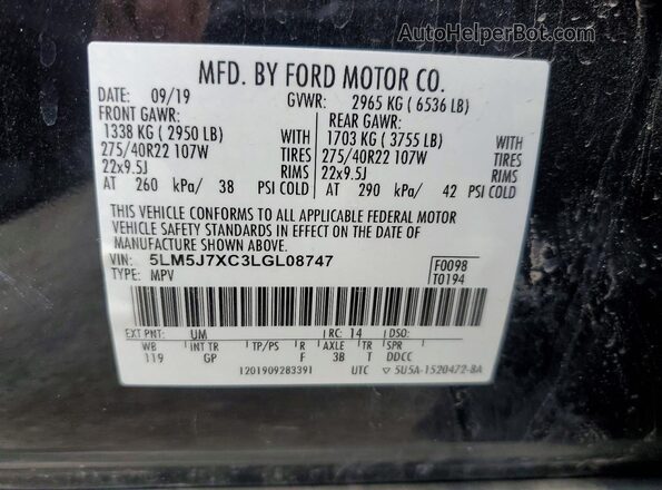 5LM5J7XC3LGL08747 2020 LINCOLN AVIATOR Черный Вид наклейки с VIN-кодом