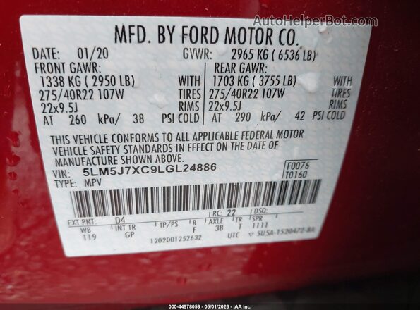 5LM5J7XC9LGL24886 2020 LINCOLN AVIATOR Красный Вид подкапотного пространства