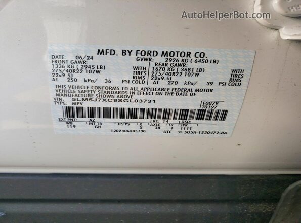 5LM5J7XC9SGL03731 2025 LINCOLN AVIATOR White Вид наклейки з VIN-кодом