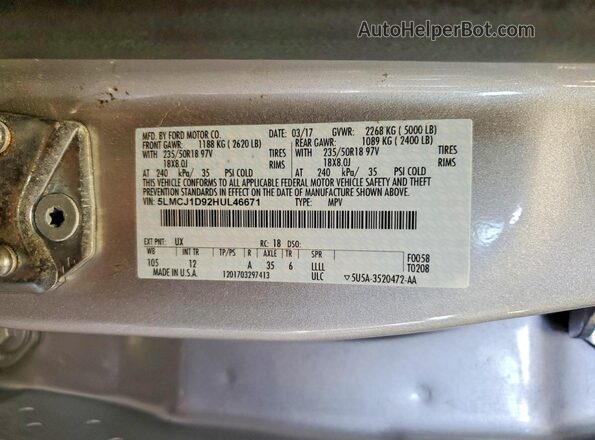 5LMCJ1D92HUL46671 2017 LINCOLN MKC Серебряный Вид наклейки с VIN-кодом