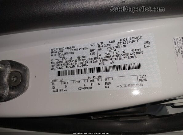 5LMCJ1D92MUL09002 2021 LINCOLN CORSAIR White Widok komory silnika