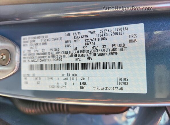 5LMCJ1DA8TUL09899 2026 LINCOLN CORSAIR Blue Widok wnętrza 360 stopni