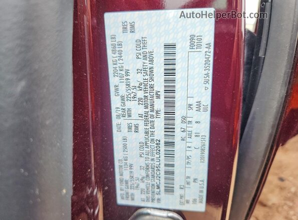 5LMCJ2C95LUL02082 2020 LINCOLN CORSAIR Burgundy Widok naklejki z numerem VIN