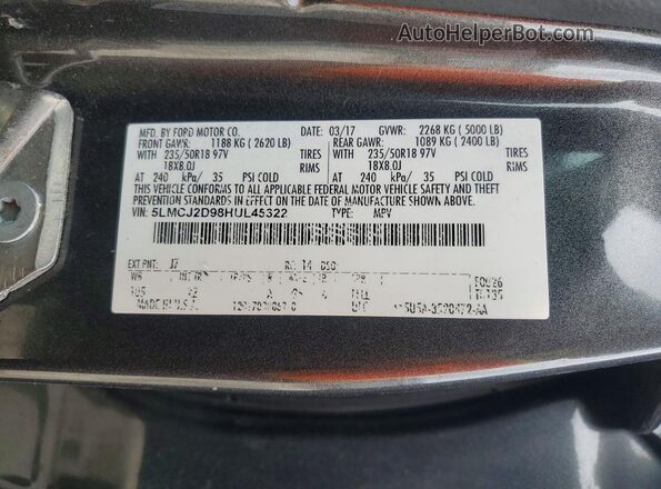 5LMCJ2D98HUL45322 2017 LINCOLN MKC Charcoal 360 interior view