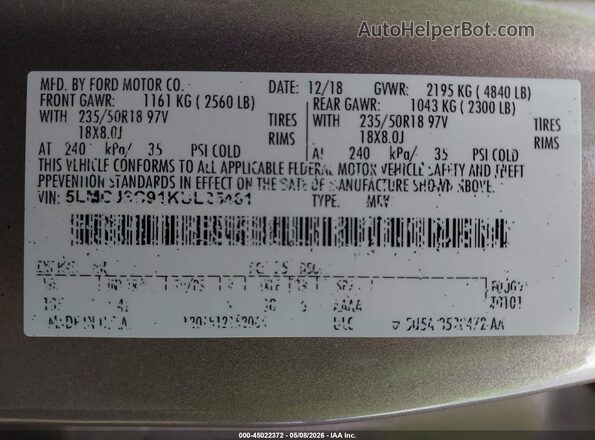 5LMCJ3C91KUL25461 2019 LINCOLN MKC Tan Widok komory silnika