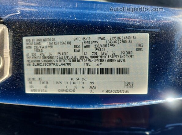 5LMCJ3C97KUL44788 2019 LINCOLN MKC Синий Вид подкапотного пространства