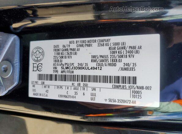 5LMCJ3D90KUL49412 2019 LINCOLN MKC Черный Панорамный вид салона 360°