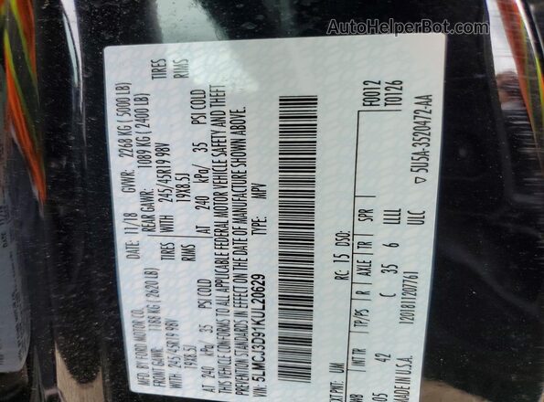 5LMCJ3D91KUL20629 2019 LINCOLN MKC Черный Вид наклейки с VIN-кодом