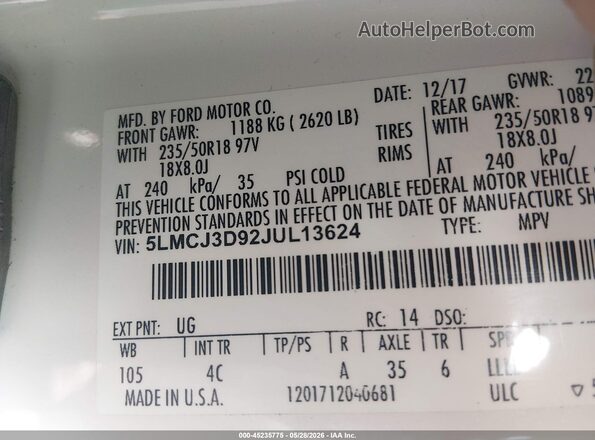 5LMCJ3D92JUL13624 2018 LINCOLN MKC Белый Вид подкапотного пространства