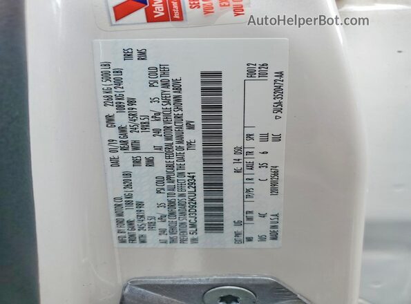 5LMCJ3D92KUL29341 2019 LINCOLN MKC White Вид наклейки з VIN-кодом