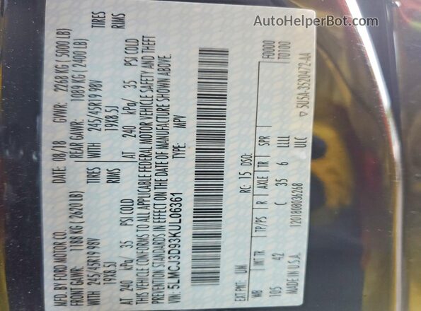 5LMCJ3D93KUL06361 2019 LINCOLN MKC Черный Вид наклейки с VIN-кодом