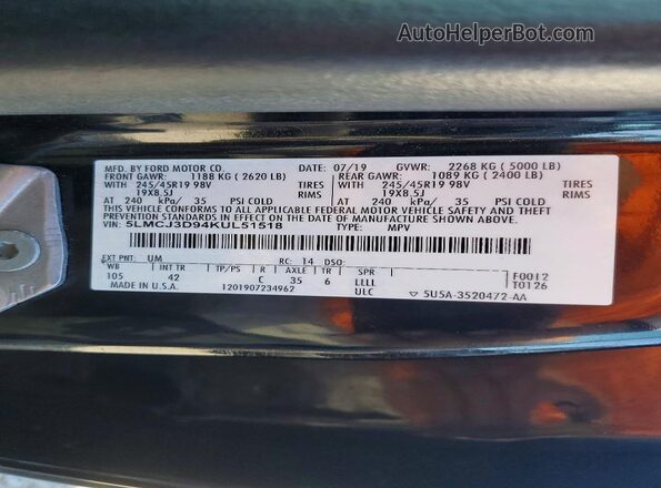 5LMCJ3D94KUL51518 2019 LINCOLN MKC Black Widok naklejki z numerem VIN