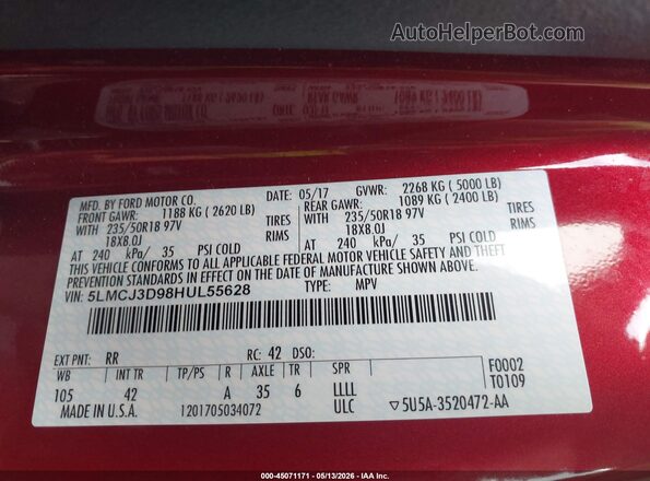 5LMCJ3D98HUL55628 2017 LINCOLN MKC Красный Вид подкапотного пространства