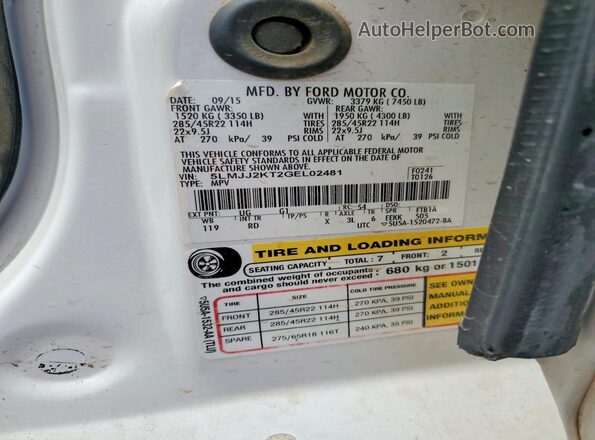 5LMJJ2KT2GEL02481 2016 LINCOLN NAVIGATOR White Widok wnętrza 360 stopni