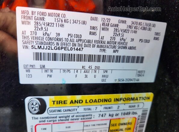 5LMJJ2LG6PEL01447 2023 LINCOLN NAVIGATOR Черный Вид наклейки с VIN-кодом