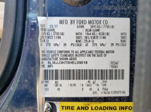 5LMJJ3HT5HEL09018 2017 LINCOLN NAVIGATOR Blue VIN sticker view