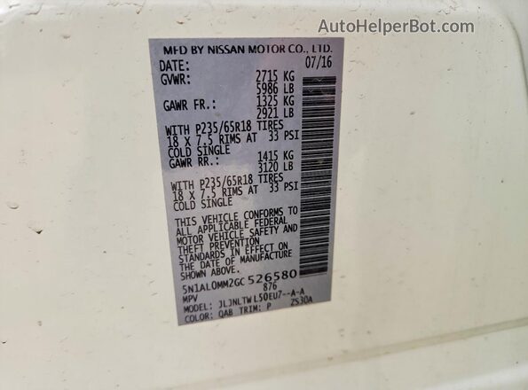 5N1AL0MM2GC526580 2016 INFINITI QX60 White Widok naklejki z numerem VIN