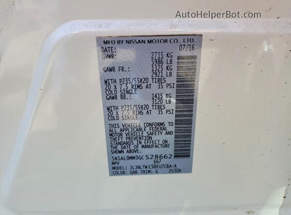 5N1AL0MM3GC528662 2016 INFINITI QX60 White Вид наклейки з VIN-кодом