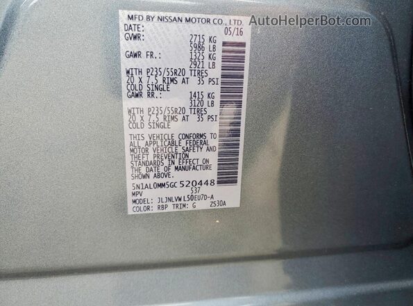 5N1AL0MM5GC520448 2016 INFINITI QX60 Silver Vista de la etiqueta del VIN