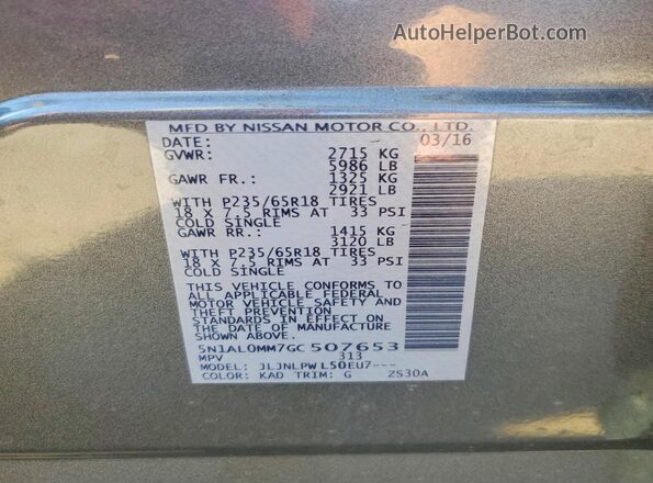 5N1AL0MM7GC507653 2016 INFINITI QX60 Gray VIN კოდის სტიკერის ხედი